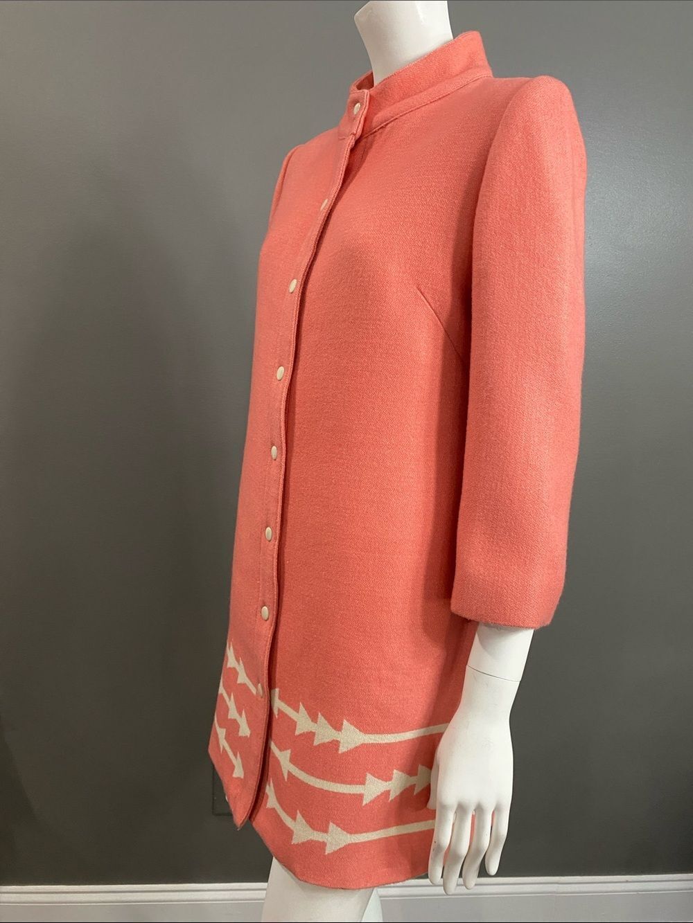 Lauren Moffatt Eastward Dress Coat Coral Arrow-Trim Wool Size M - Picture 7 of 15